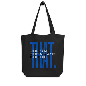 Black Eco Tote Bag Blue and White text